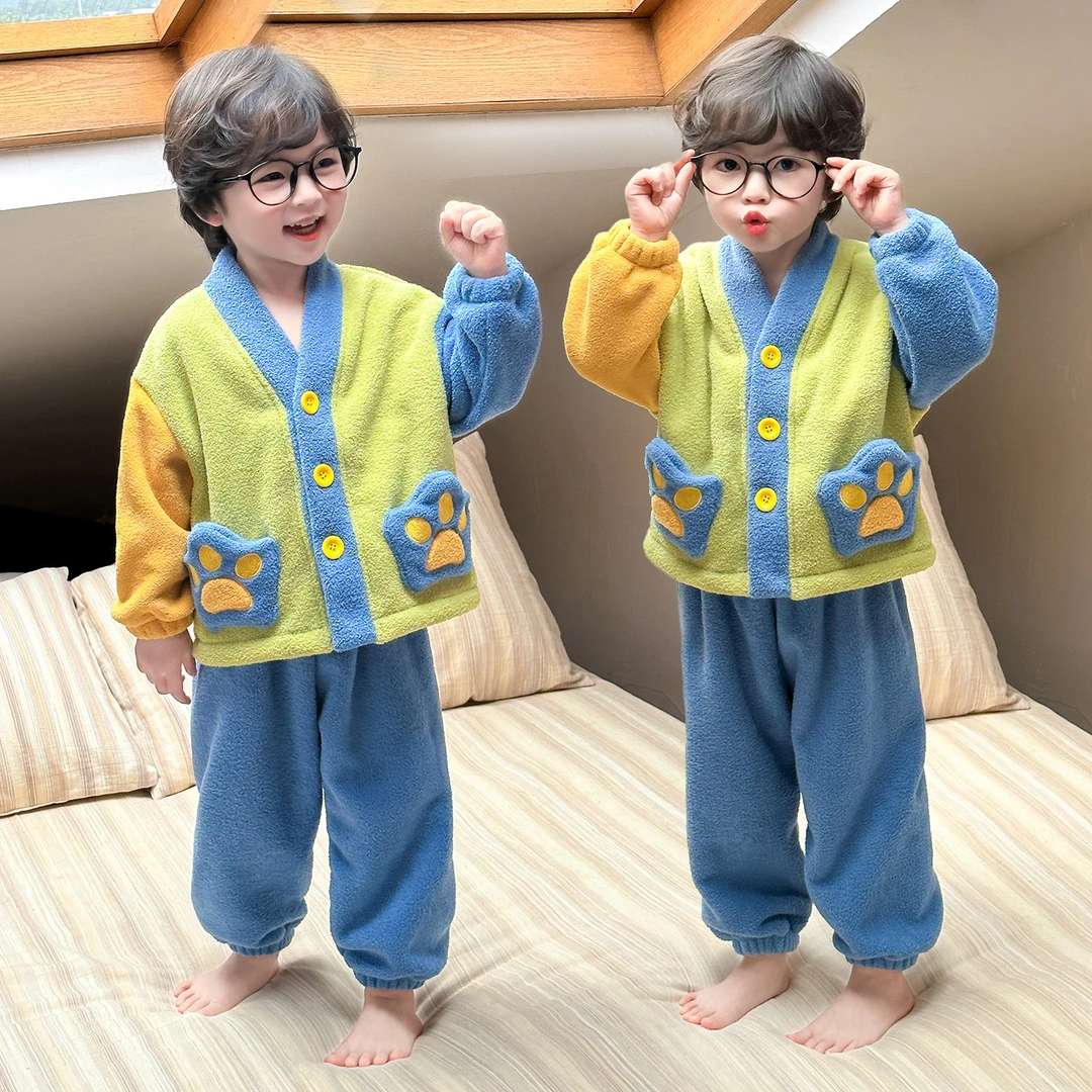 男童奥粒绒开衫套装秋冬季男孩宝宝加厚保暖男儿童家居服冬天衣服