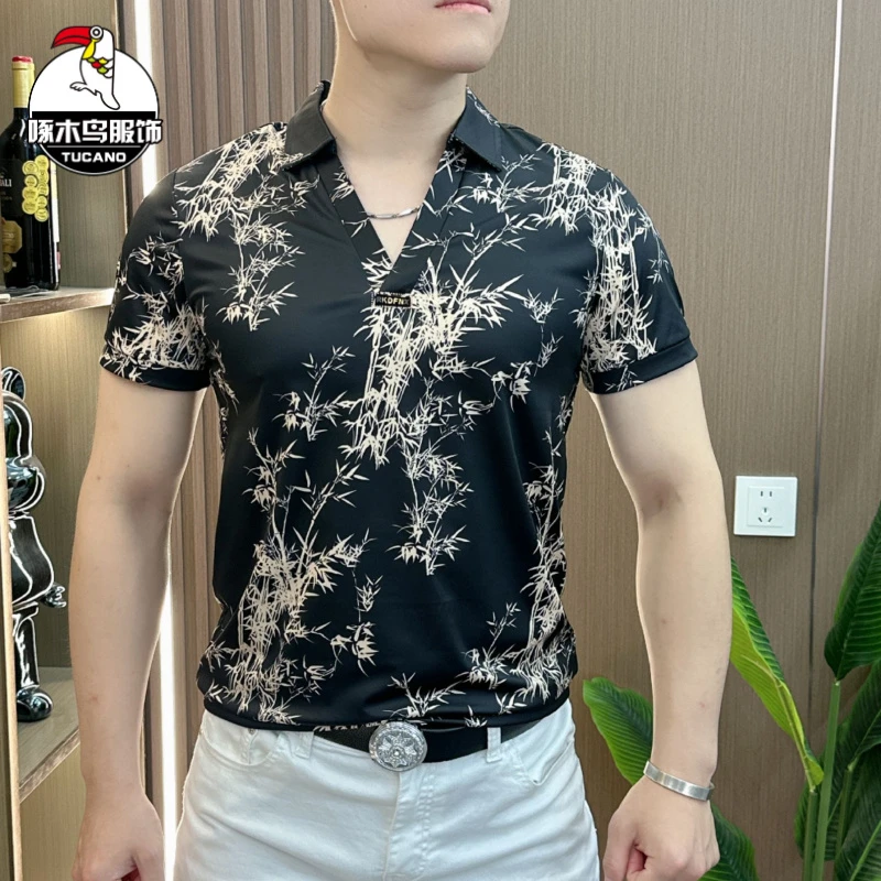 啄木鸟2025夏季新款高品质男士夏日休闲国风冰凉舒适透气V领短袖