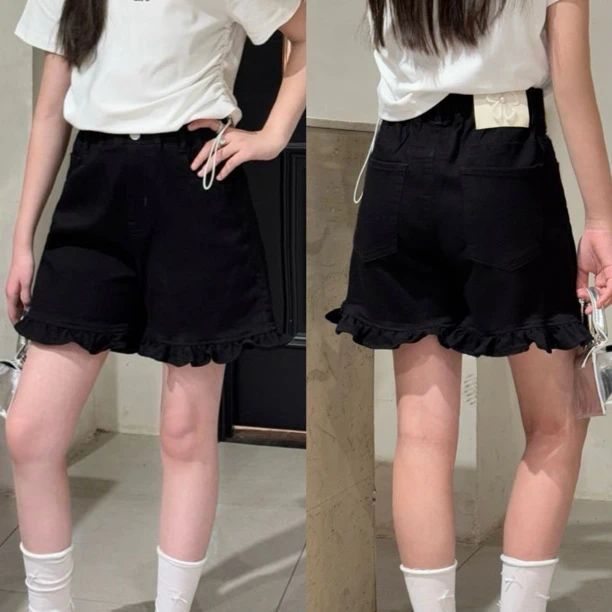 女生夏季休闲短裤百搭花边黑色短裤洋气百搭 68093休闲裤热裤潮韩