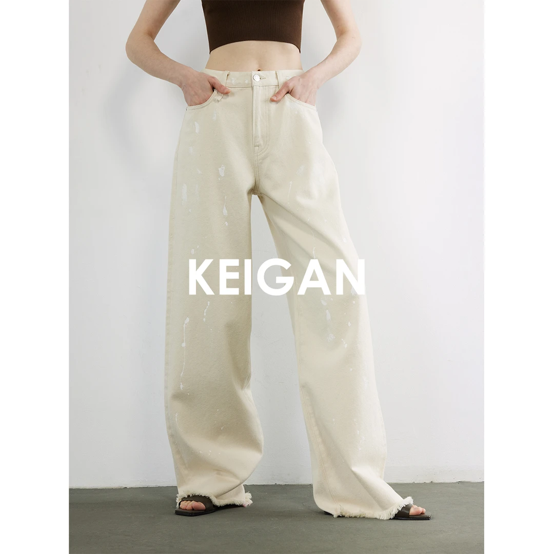 开间/时髦精B入欧洲进口手工喷漆涂鸦感棉籽壳原白宽松直筒牛仔裤