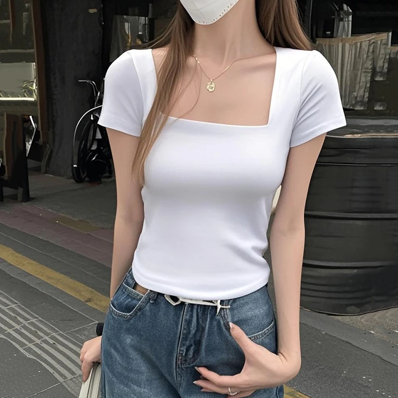 短袖女款爆款2025新款t恤出游洋气衣服百搭白色方领上衣女士夏季