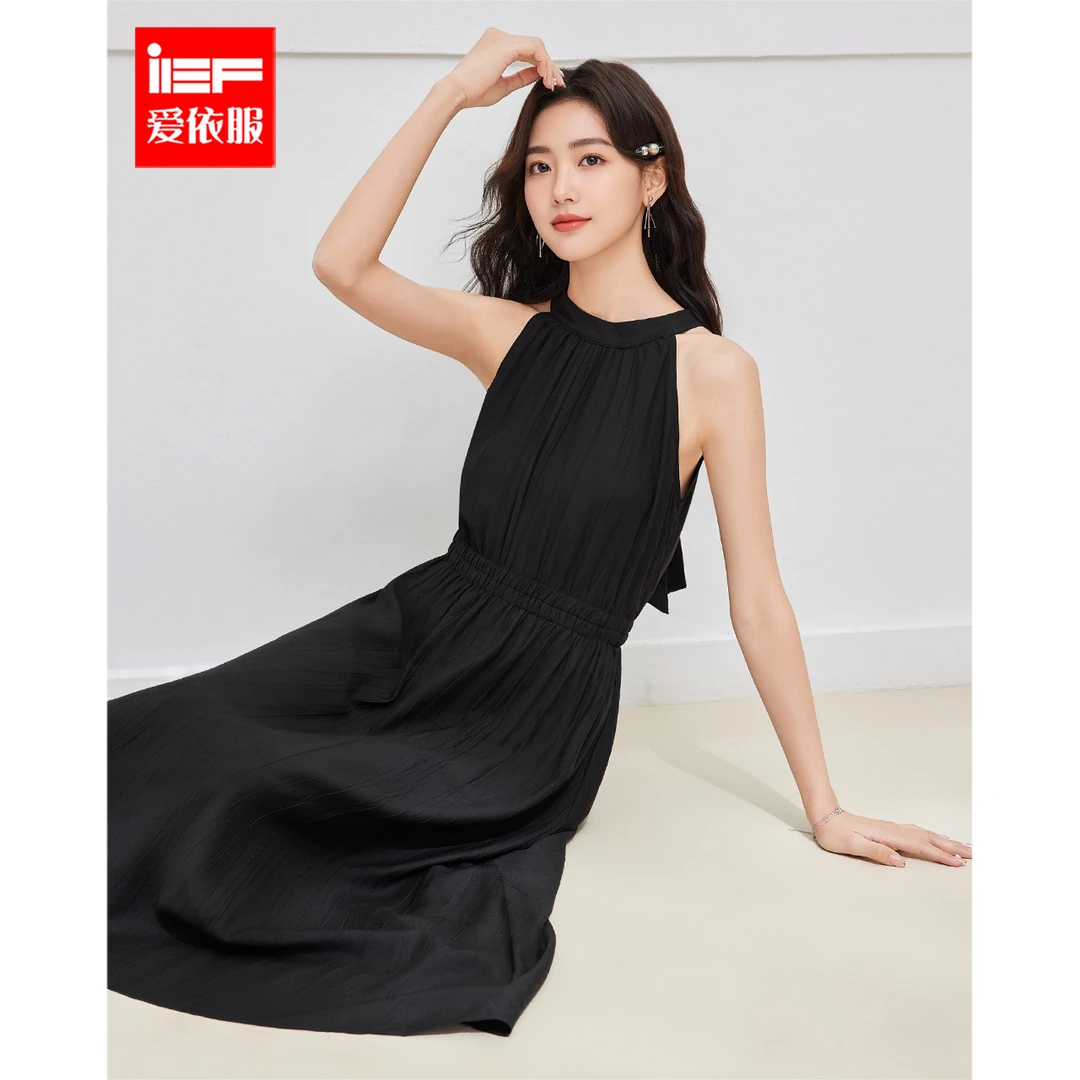 IEF/爱依服2025新款夏季梭织挂脖简约镂空知性女神背心长裙
