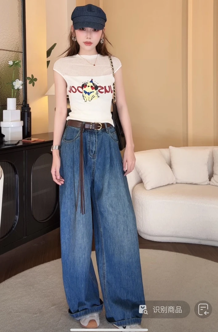 韩版复古褶皱直筒牛仔裤