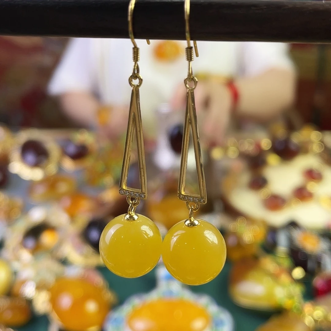 银S925镀金镶嵌蜜蜡耳环