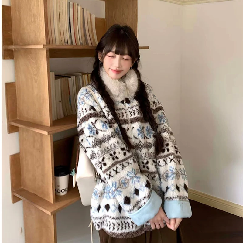 A 费尔岛毛领皮毛一体撞色外套女秋冬加厚保暖洋气开衫外套W4047