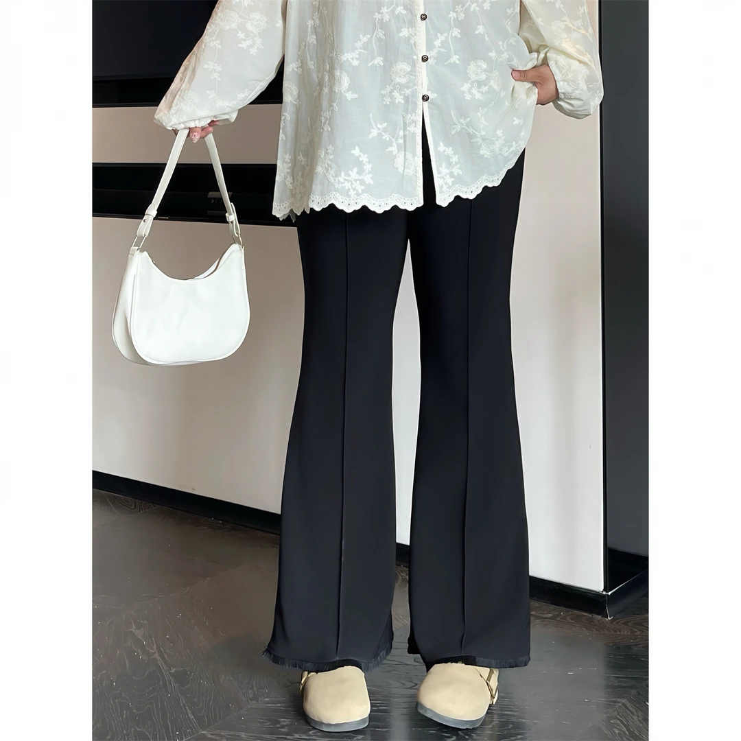 断码捡漏~大码女装秋季简约花契200斤胖mm加捻弹力喇叭裤12546-C