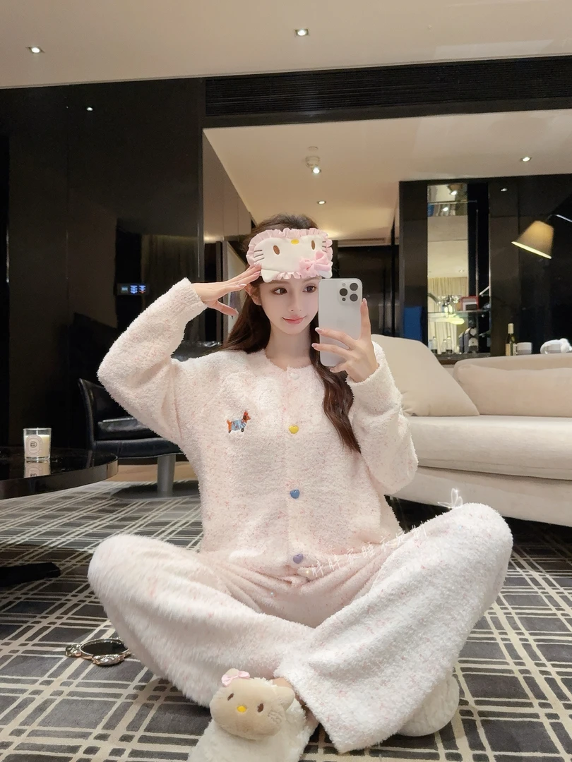 【彩虹甜心·】睡衣女秋冬软绵绵加厚保暖半边绒家居服套装可外穿