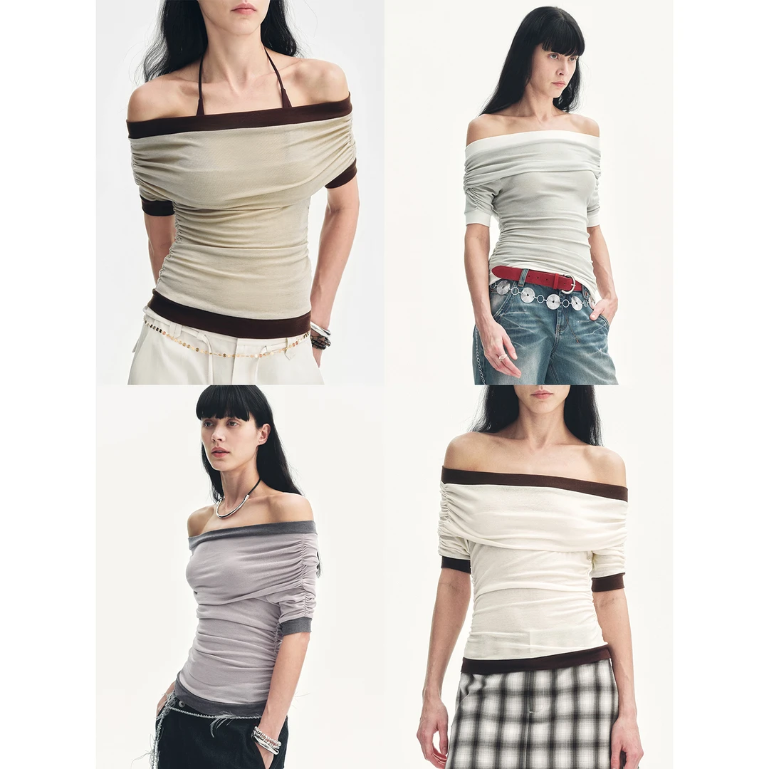 付智恩 多面风尚 百搭撞色拼接一字肩修身T恤