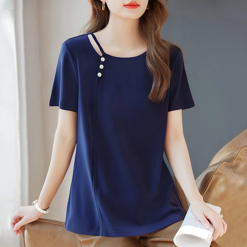 圆领短袖t恤女2025新款夏季宽松大码中年女装镂空设计感上衣女