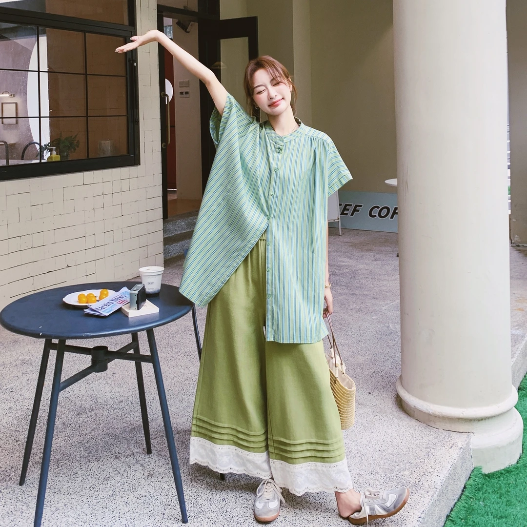 复古日系绿色条纹短袖衬衫夏季简约宽松中长款上衣阔腿裤复古套装
