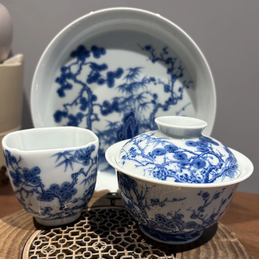手工手绘青花松竹梅图案陶瓷盖碗壶承家用茶具