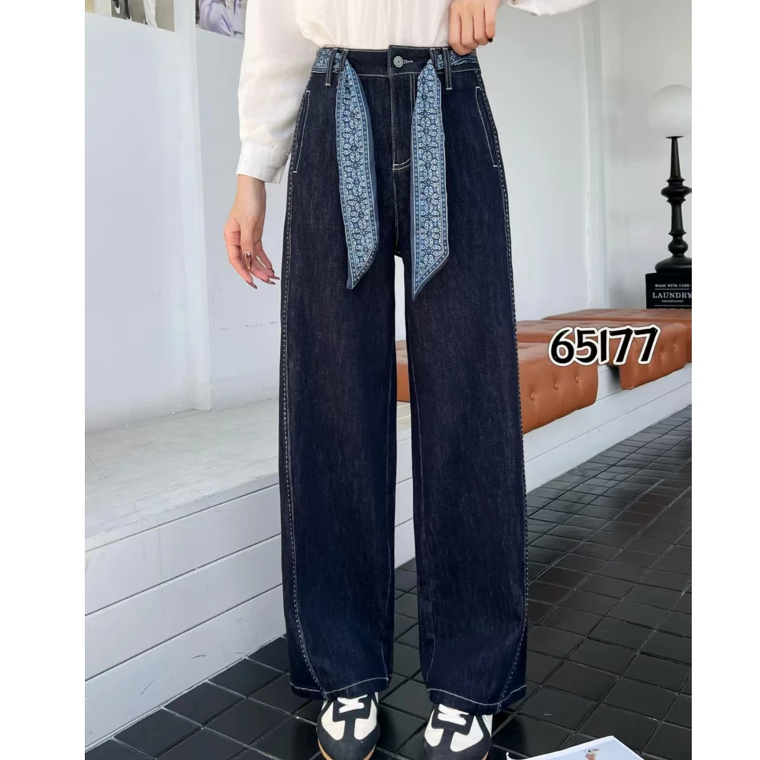 【洋玉服饰】女士秋季高腰宽松阔腿直筒显瘦牛仔裤休闲裤