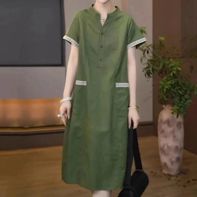 短袖设计宽松中长款裙子女夏季新款高级感日常通勤时尚复古连衣裙
