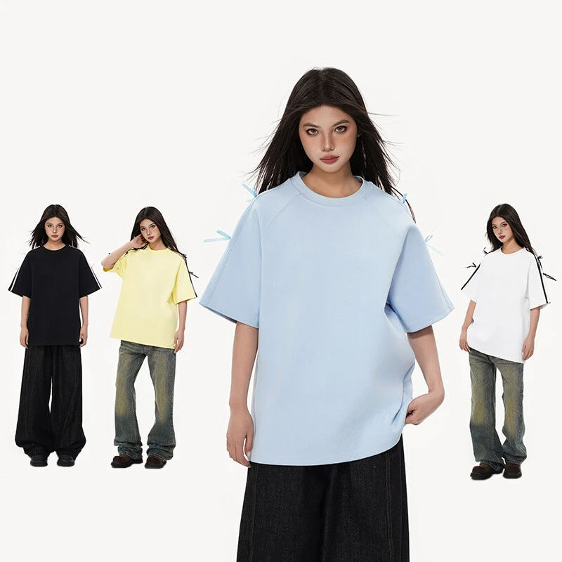 KONITIHA 夏季情侣美式蝴蝶结织带260g宽松休闲冰感纯色短袖T2521