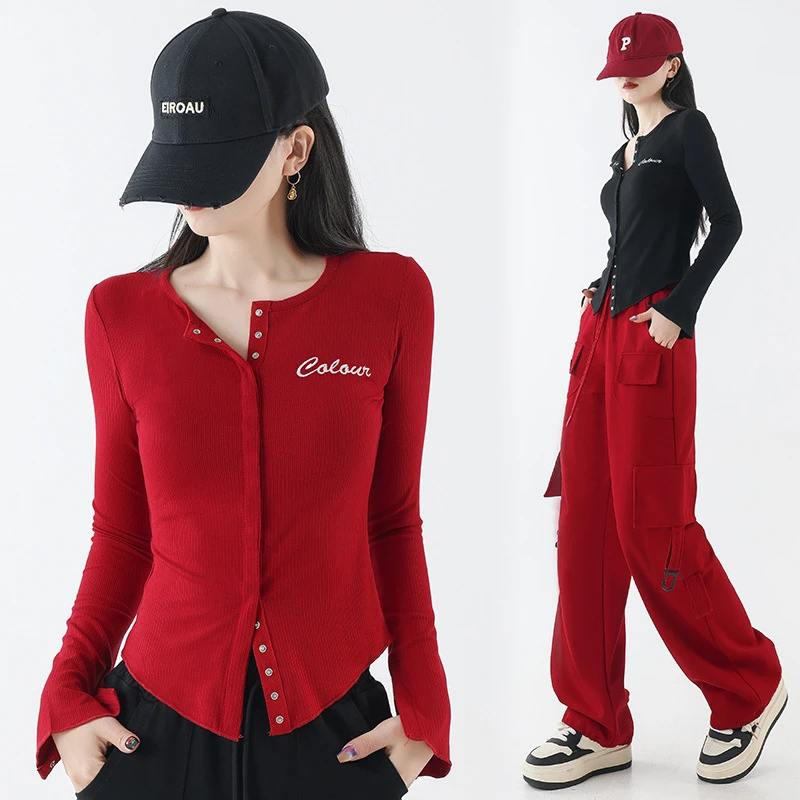 春夏广场舞上衣女休闲短袖上衣按扣舞蹈服新款长袖健身运动跳舞衣