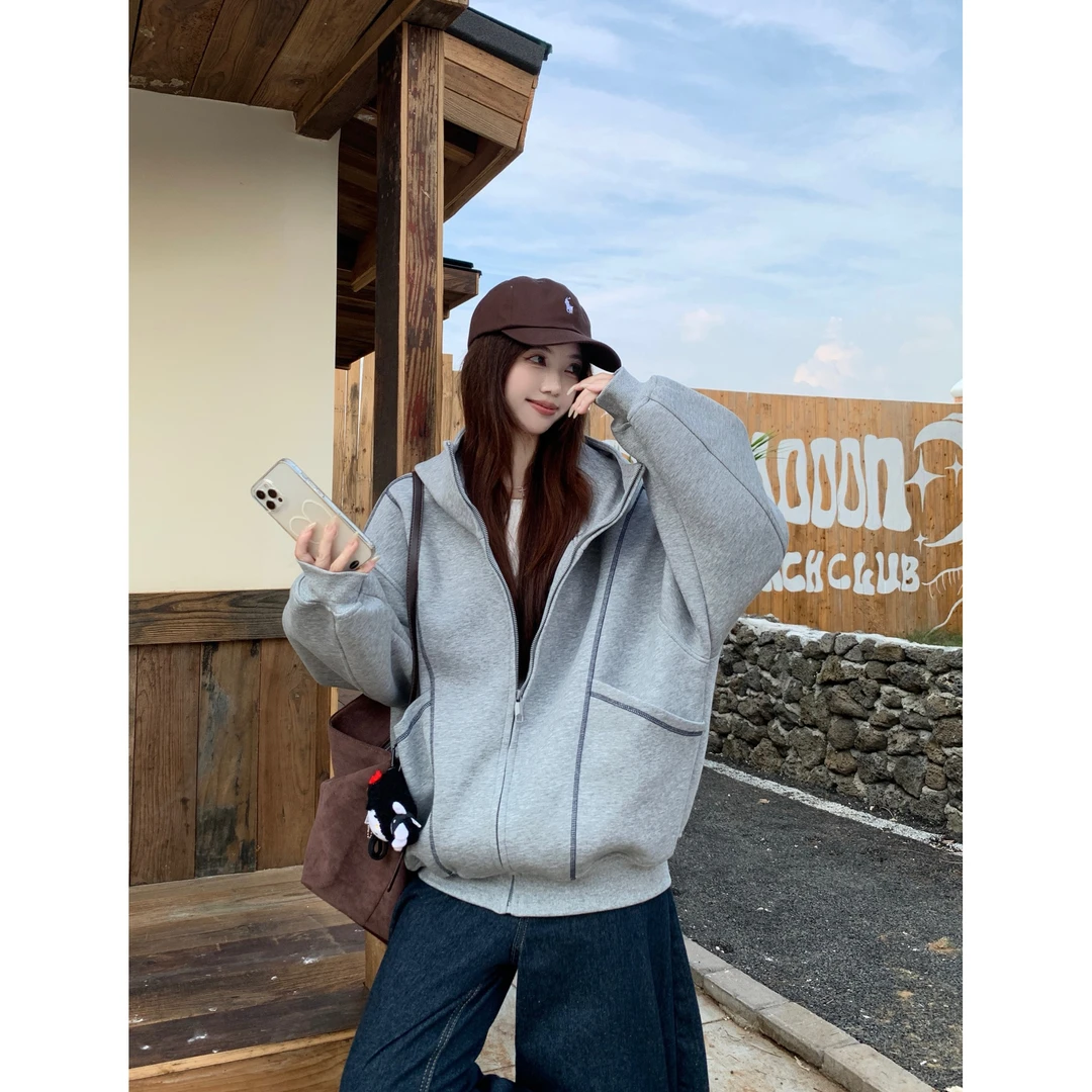 灰色宽松连帽拉链卫衣外套女春秋2025新款高级感长袖上衣加绒加厚