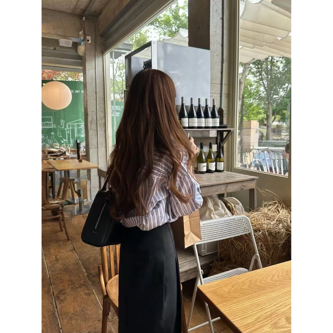 条纹衬衫女2025秋季新款高级感轻奢长袖衬衣法式上衣半身裙套装