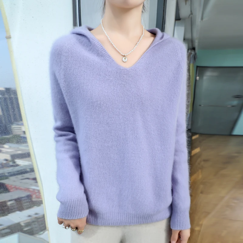 秋冬新款连帽羊毛衫女100%纯羊毛衫套头宽松卫衣纯色针织长袖毛衣