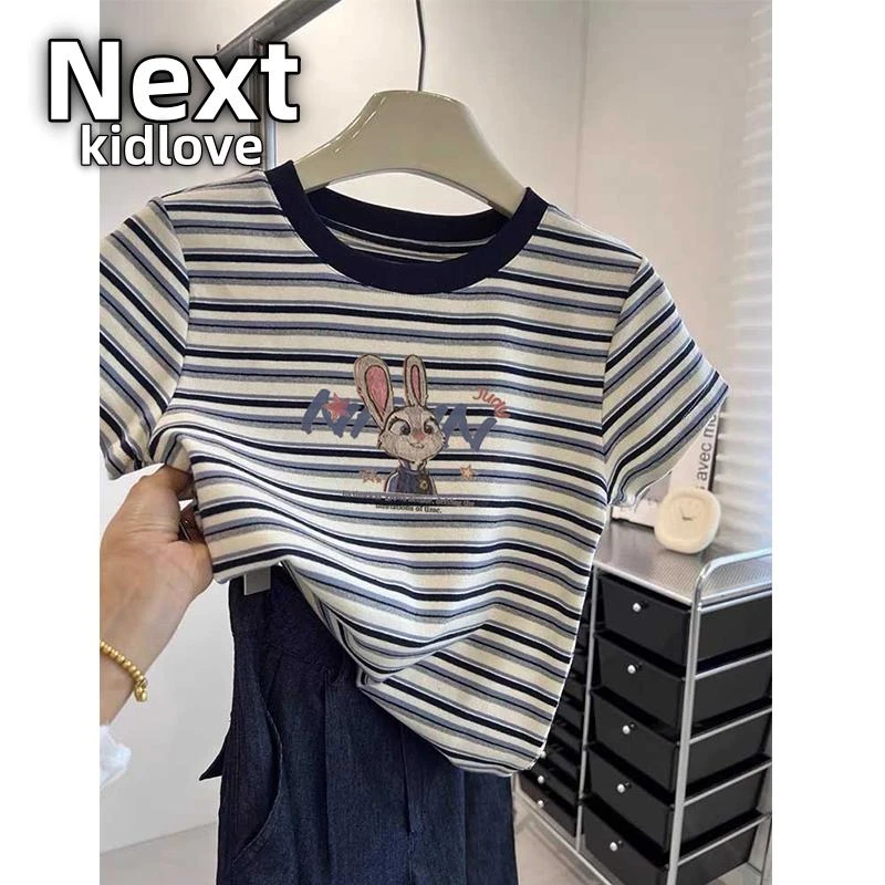 NEXT2025夏季新款撞色条纹短袖t恤女显瘦百搭设计感小众卡通印花