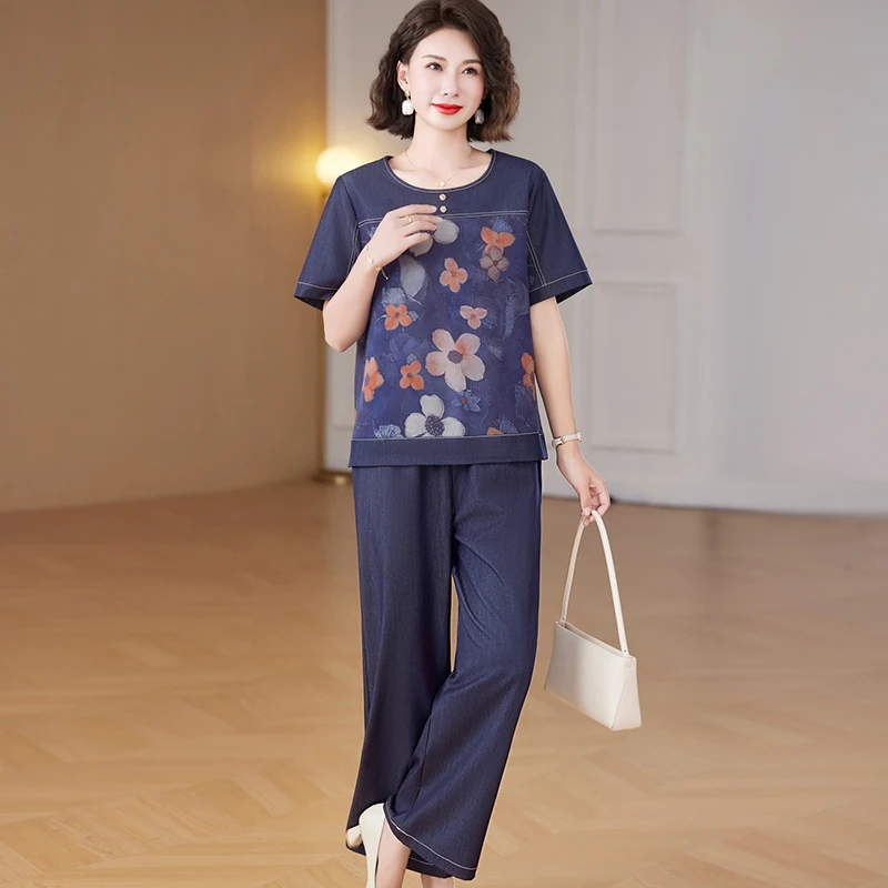 中老年女装夏季时尚短袖上衣妈妈夏装休闲洋气减龄软牛仔两件套装