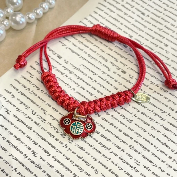 合金珐琅手链 新疆包邮【sp1111】如意锁红色编绳手链