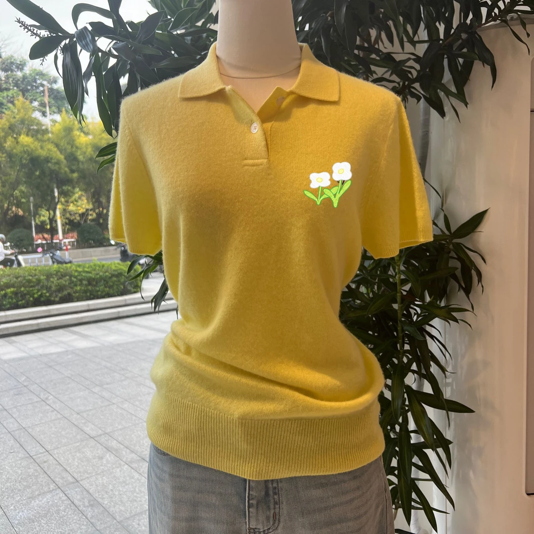 2025夏季常规款女黄色潮流短袖山羊绒衫设计师款潮牌时尚休闲