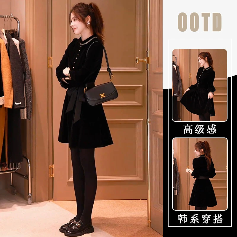 赫本风气质黑色高级连衣裙女装2025秋冬新款名媛百搭收腰a字短裙