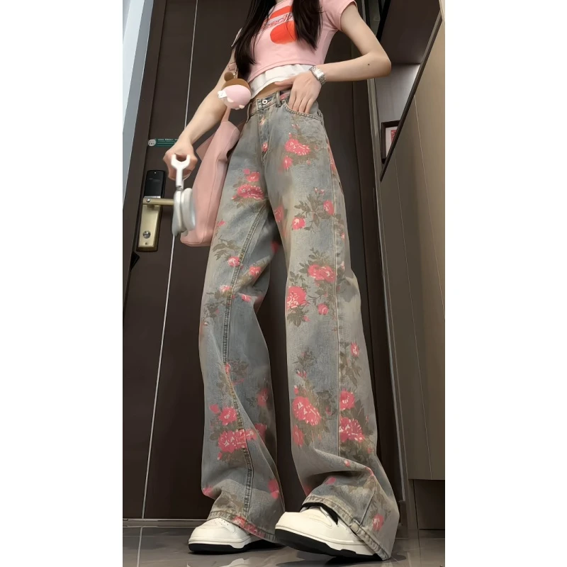 水洗做旧复古牡丹提花满印牛仔裤小众美式vibe微喇裤子显瘦直筒裤