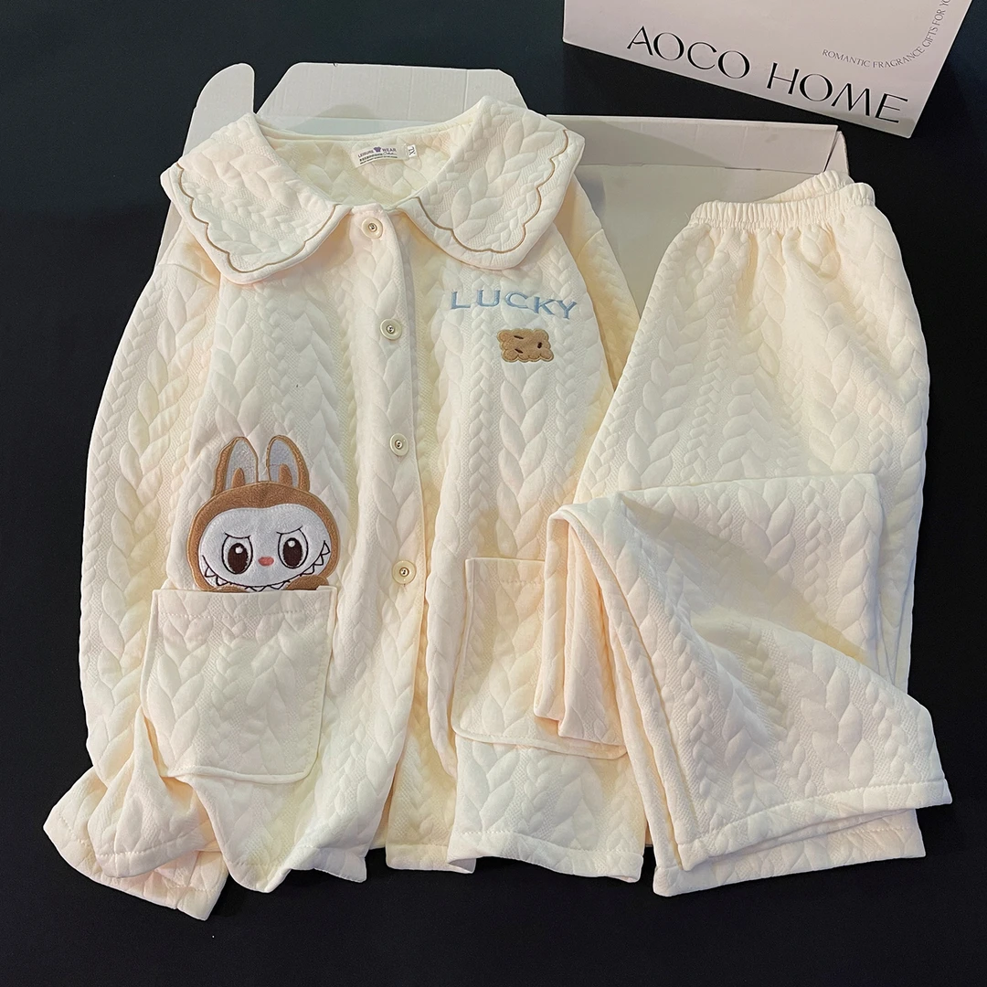 空气棉夹层睡衣女秋冬季新款加厚保暖开衫卡通可爱学生家居服套装