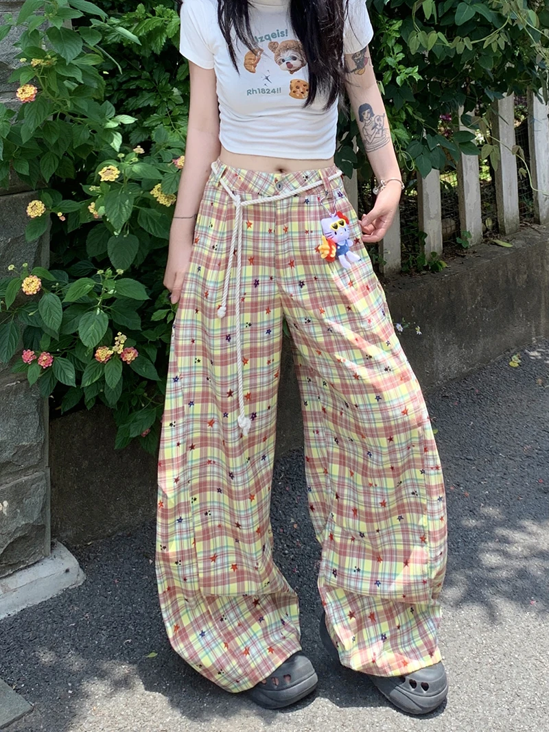 多巴胺撞色美式格子阔腿裤女夏季薄款拼接小个子裤子垂感弯刀长裤