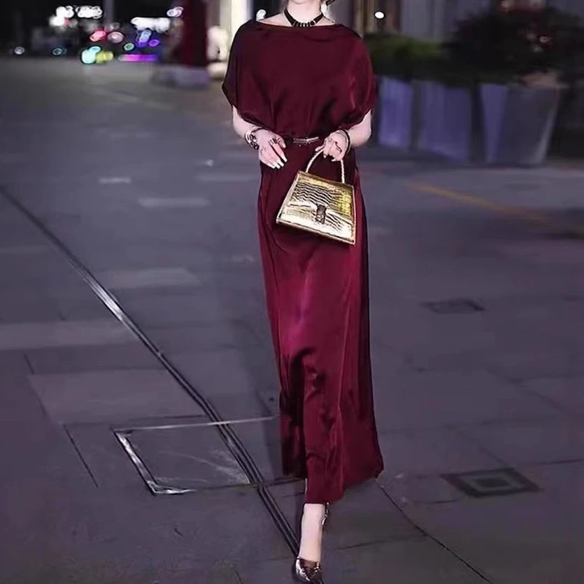 法式酒红色垂坠感连衣裙款职场轻熟风女装气质修身裙子