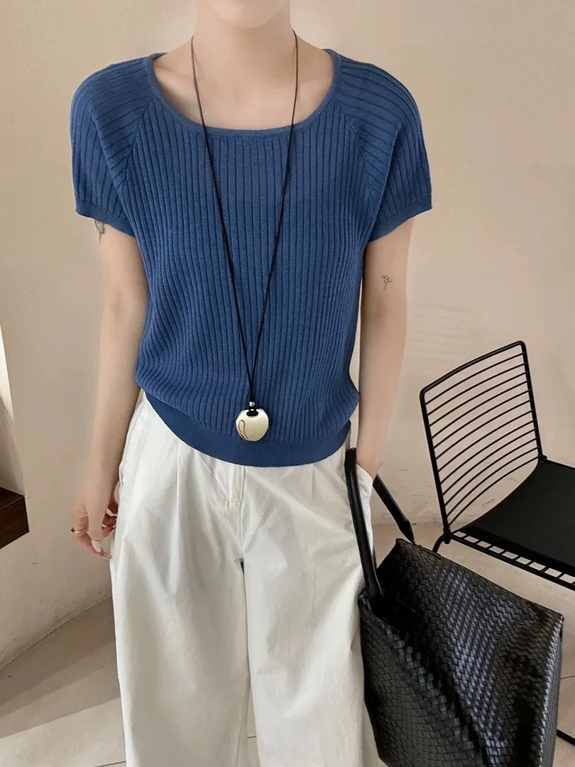 【飞袖竖坑条】韩系简约风休闲舒适夏季圆领T恤女短袖