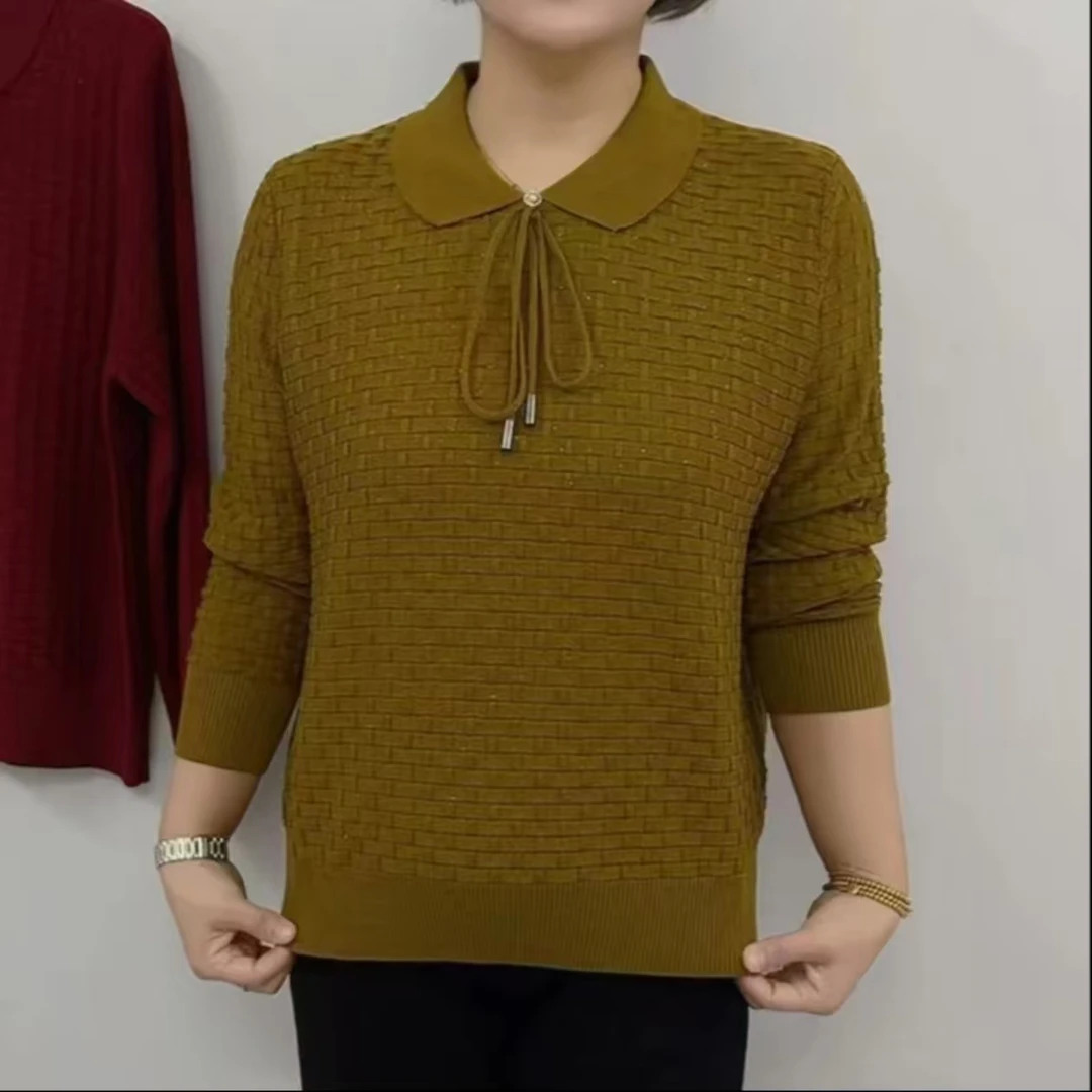2025春季新款时尚洋气烫钻翻领针织衫纯色气质大码宽松妈妈毛衣