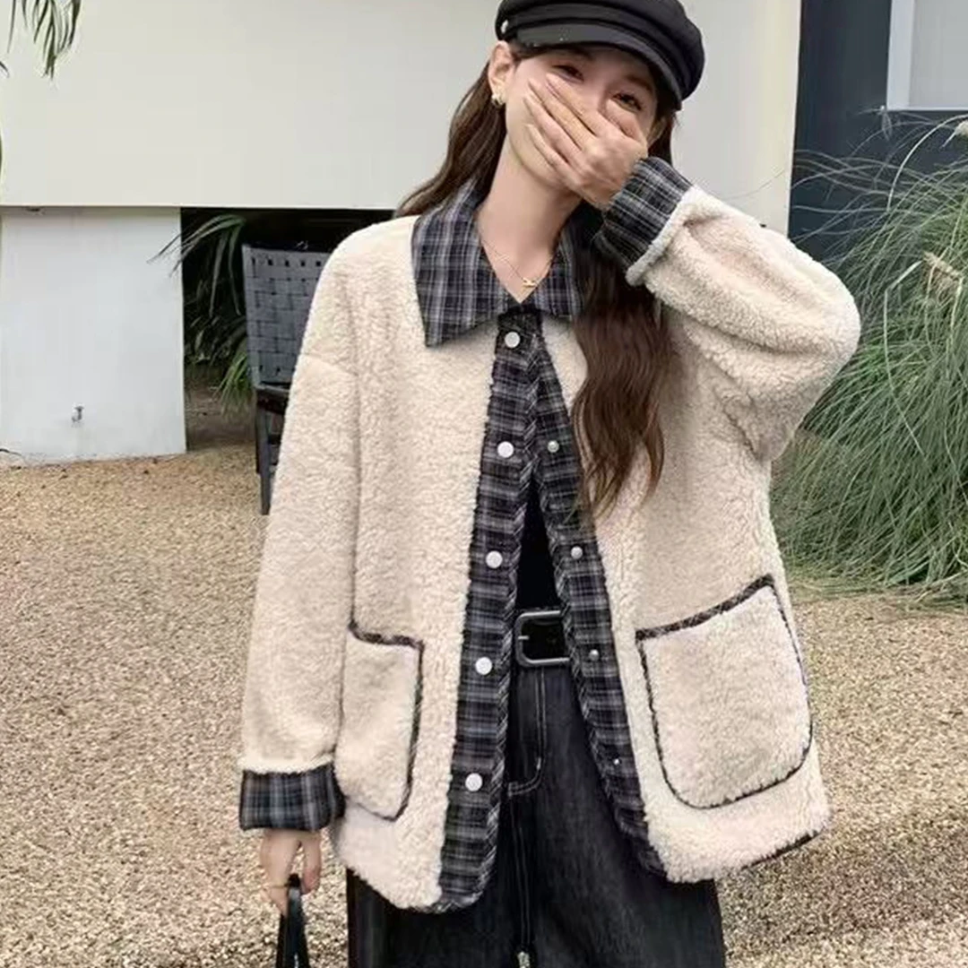 无印心匠A557-1 韩系拼接格子外套女秋冬宽松显瘦百搭K2111