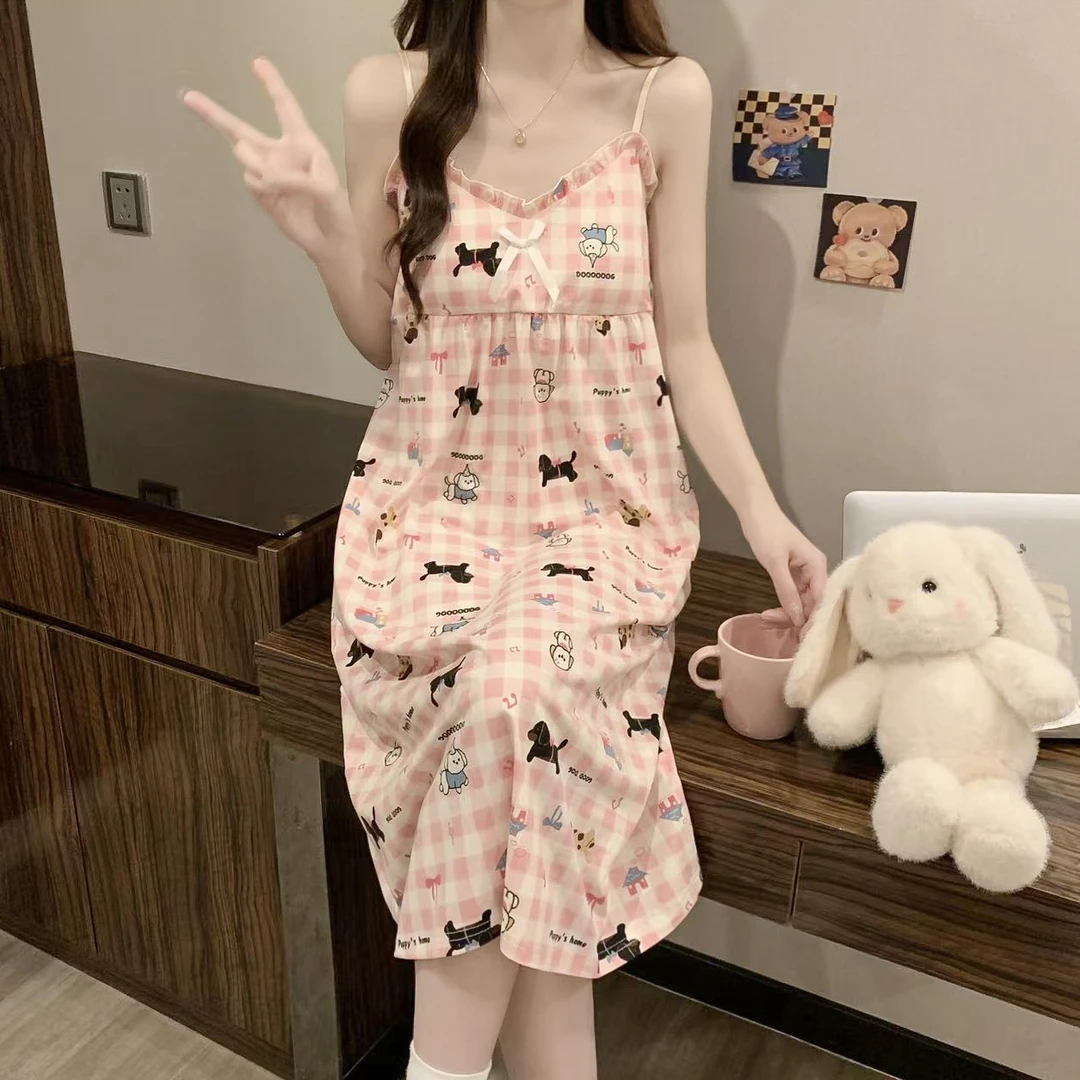 夏季带胸垫睡裙女款新款吊带少女亲肤性感卡通可爱大码宽松家居服