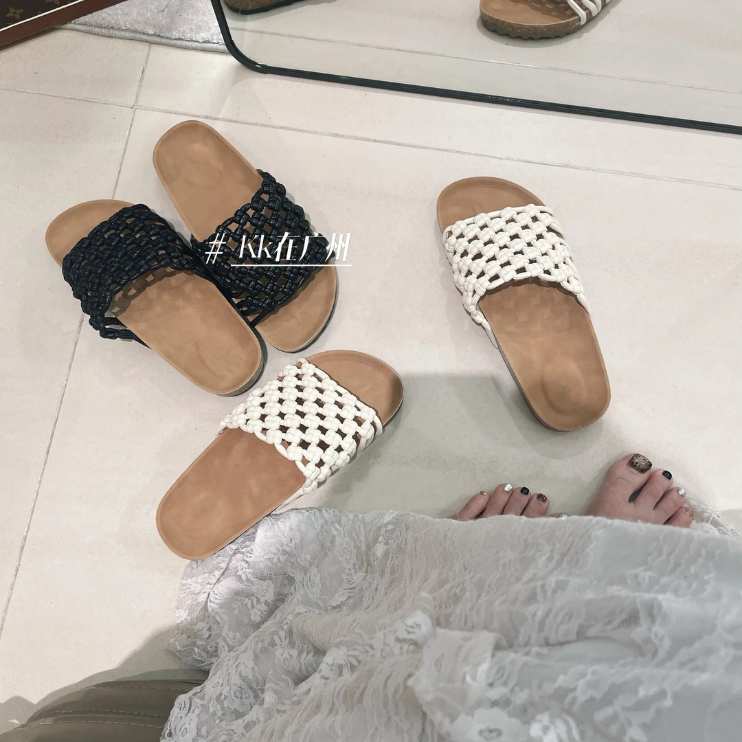 【Kk】复古编织镂空沙滩厚底拖鞋软底罗马一字外穿凉拖