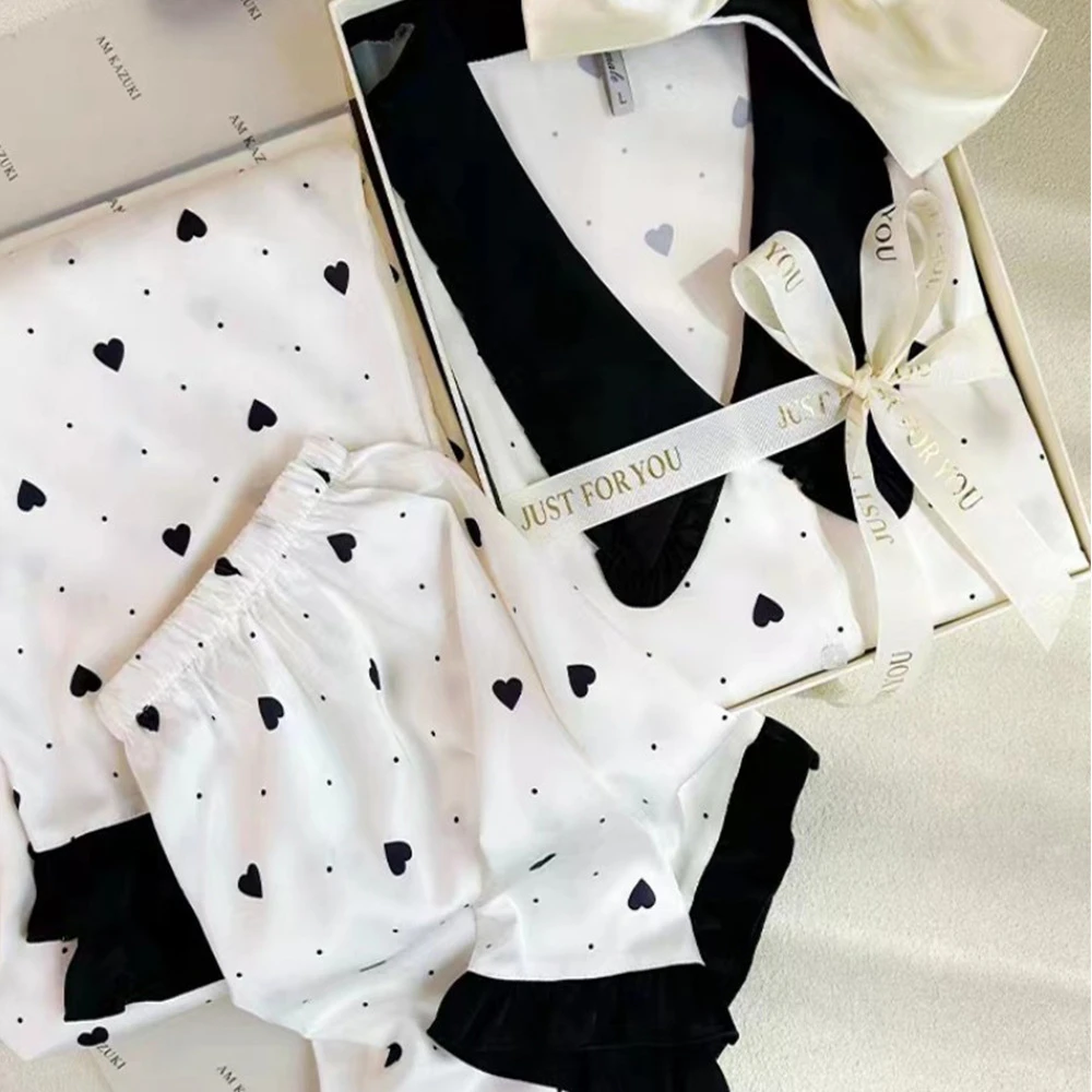 简眠家居2025夏季新款睡衣女冰丝花边爱心家居服套装