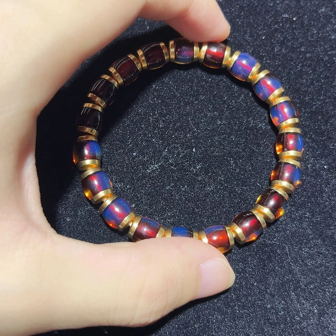 蓝珀银S925镀金镶嵌珠宝奇石8mm墨西哥红蓝