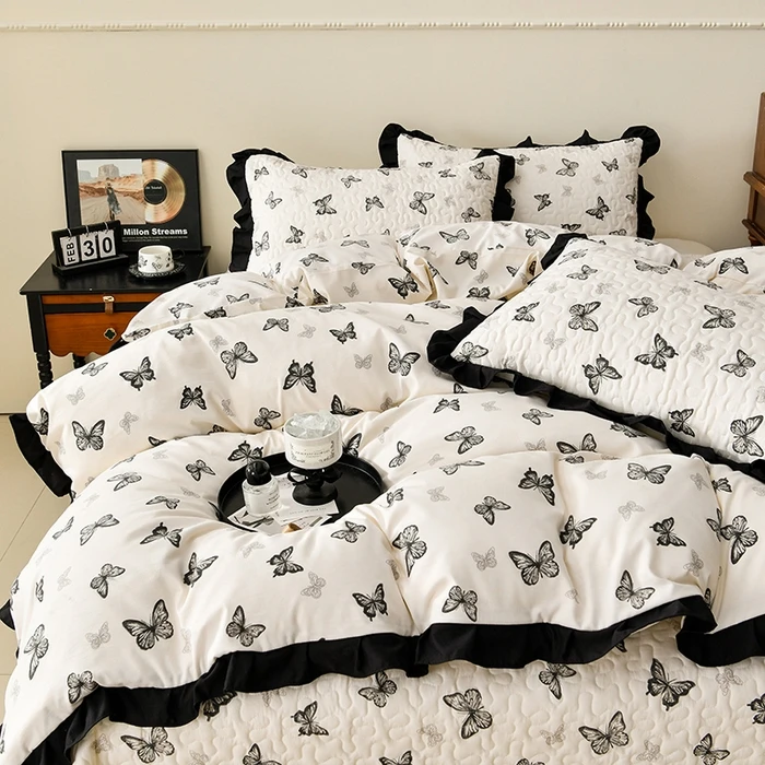 【厂家直发】法式赫本风水洗亲肤印花 双层加厚床盖花边被套四件套