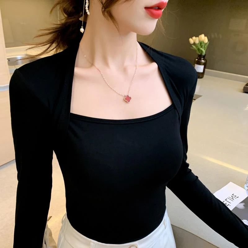 方领上衣女长袖春秋设计惑T恤韩版修身显瘦赫本打底衫