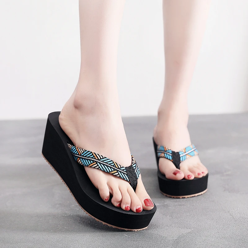 6.8cm越南平仙高跟拖鞋女士夏季百搭沙滩鞋人字拖鞋坡跟休闲厚底