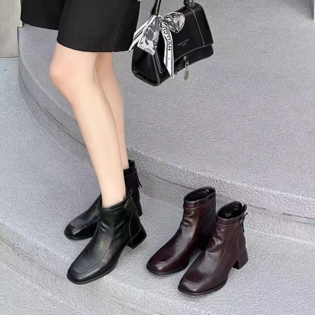 （加绒）方头粗跟女低跟冬季拉链短靴气质秋冬时装靴女士 9235