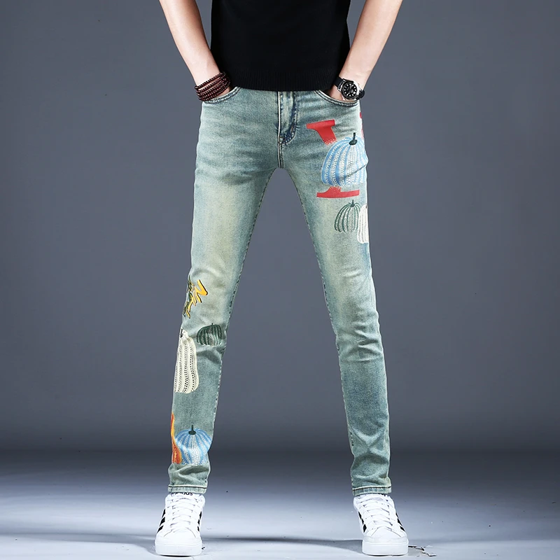 男士夏季南瓜印花牛仔裤男2024纯袭击潮流休闲时尚修身小脚裤子