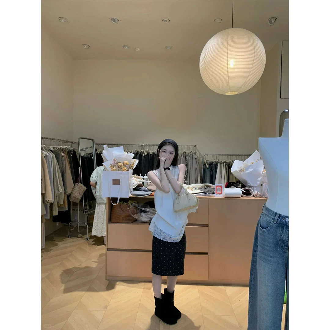 法式蕾丝拼接衬衫无袖坎肩背心叠穿上衣黑色包臀短裙a字半身裙女