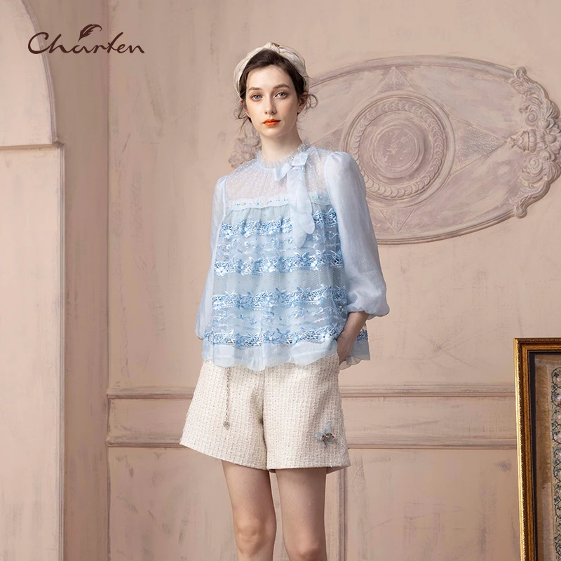 【媛媛专享】朝峰春网纱七分袖衬衣上衣CFD1C128-1069T