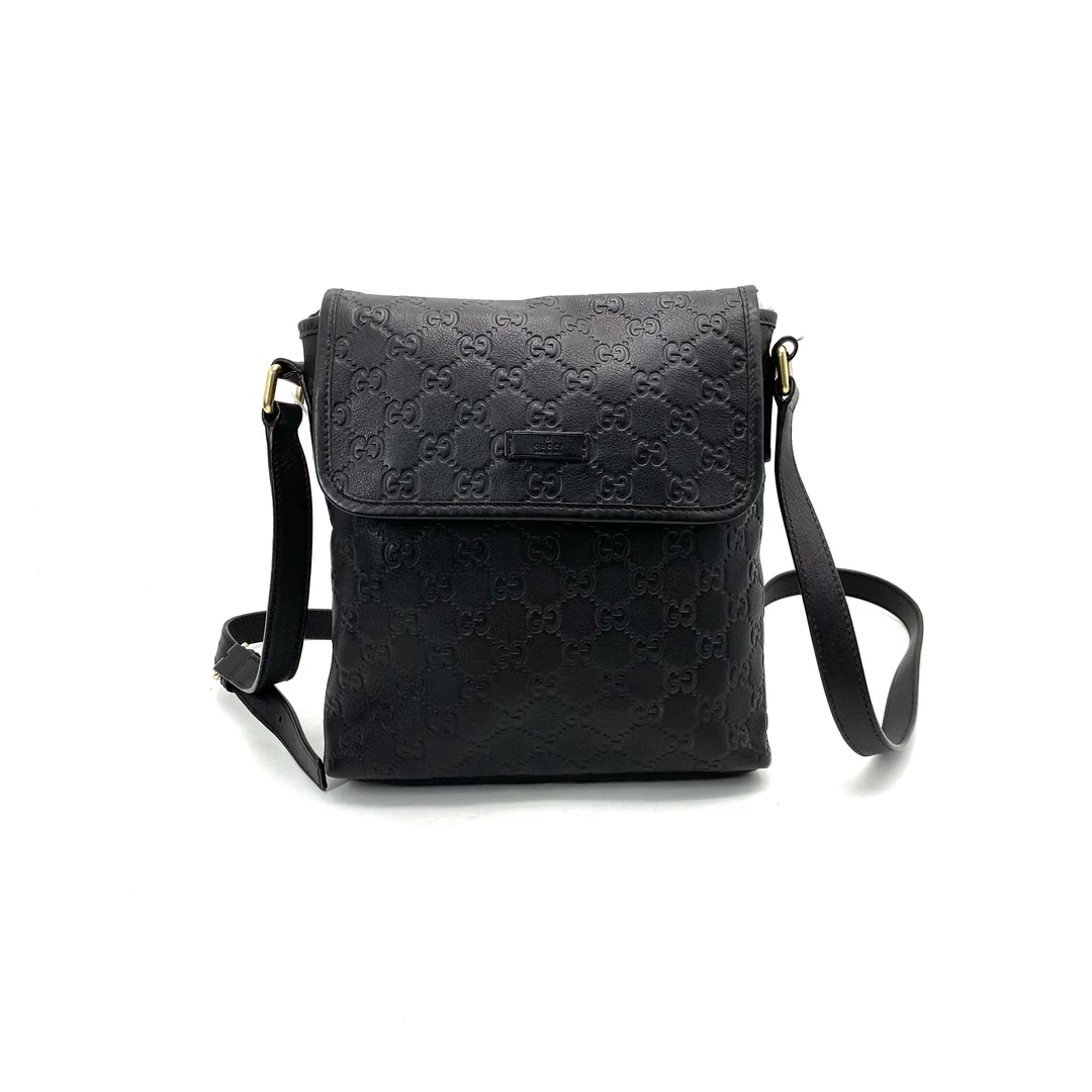 95新 GUCCI/古驰 黑棕全皮压花斜挎包 尺寸22/23