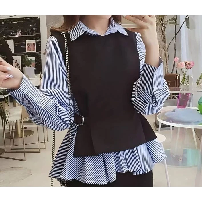 小清新蓝色竖条纹假两件长袖衬衫女设计感拼接显瘦时尚慵懒衬衣