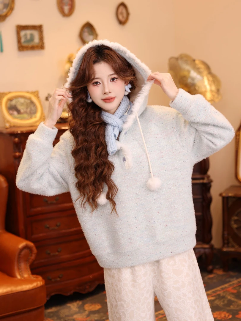 温舒敏【晴空初洗】复古加绒保暖宽松百搭连帽卫衣MJ1689623