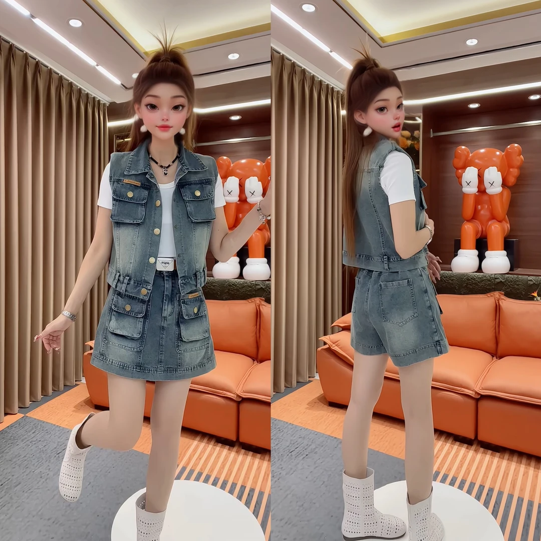 8297新款工装风牛仔套装 夏季无袖韩版牛仔A裙休闲时尚百搭两件套