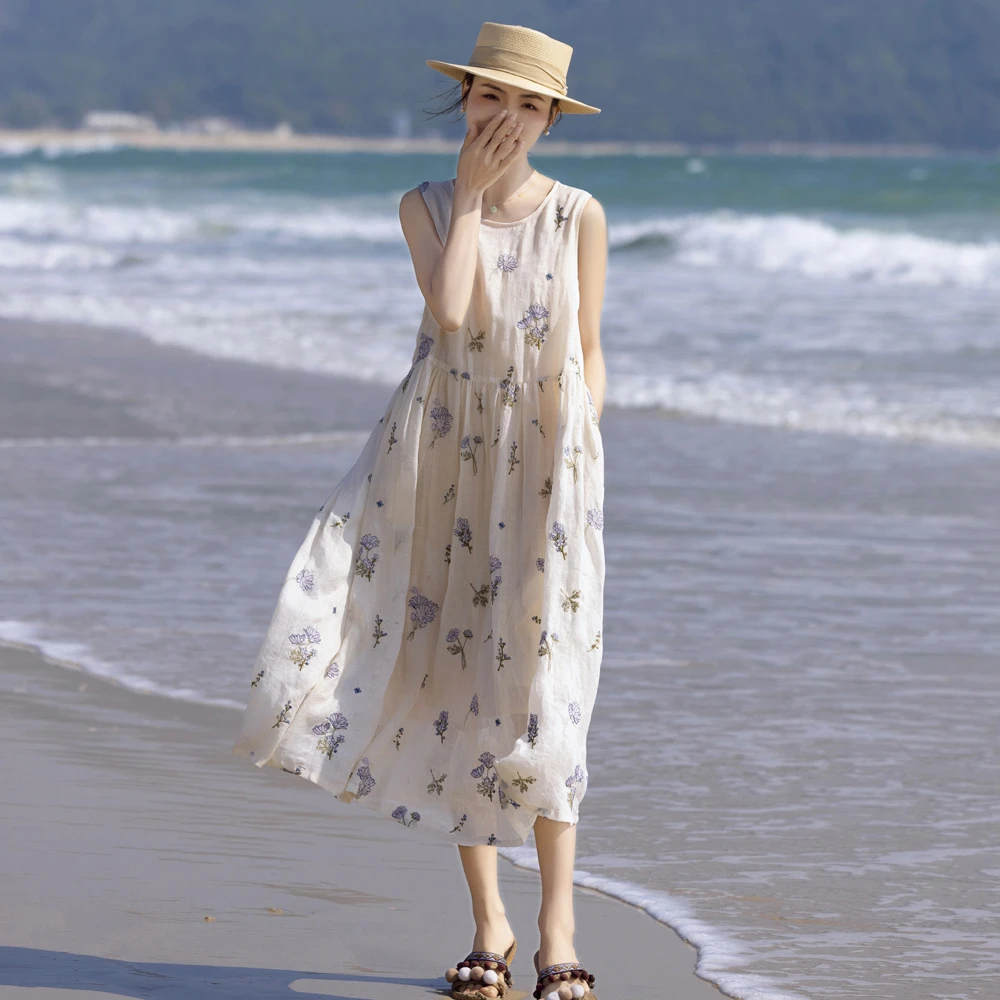 A2025夏新款高支苎麻满幅重工绣花收腰显瘦白色仙气袍子连衣裙